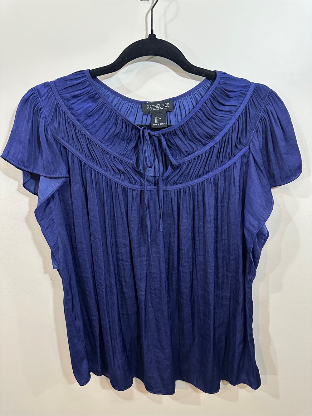 Rachel Zoe Deep Blue Pleated Tie-Front Flutter Sleeve Blouse